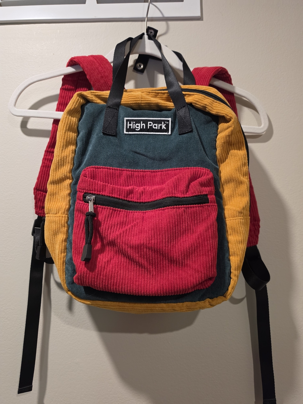 Colorblock Corduroy Backpack in Red, Mustard & Teal
